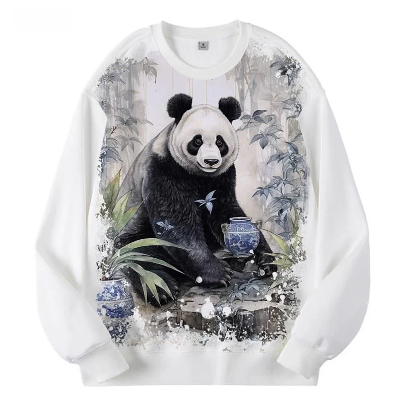 

New Panda Pattern Loose Men's Fleece Lined round Neck Digital Print Sweatshirt Trendy Personalized Comfortable Polyester