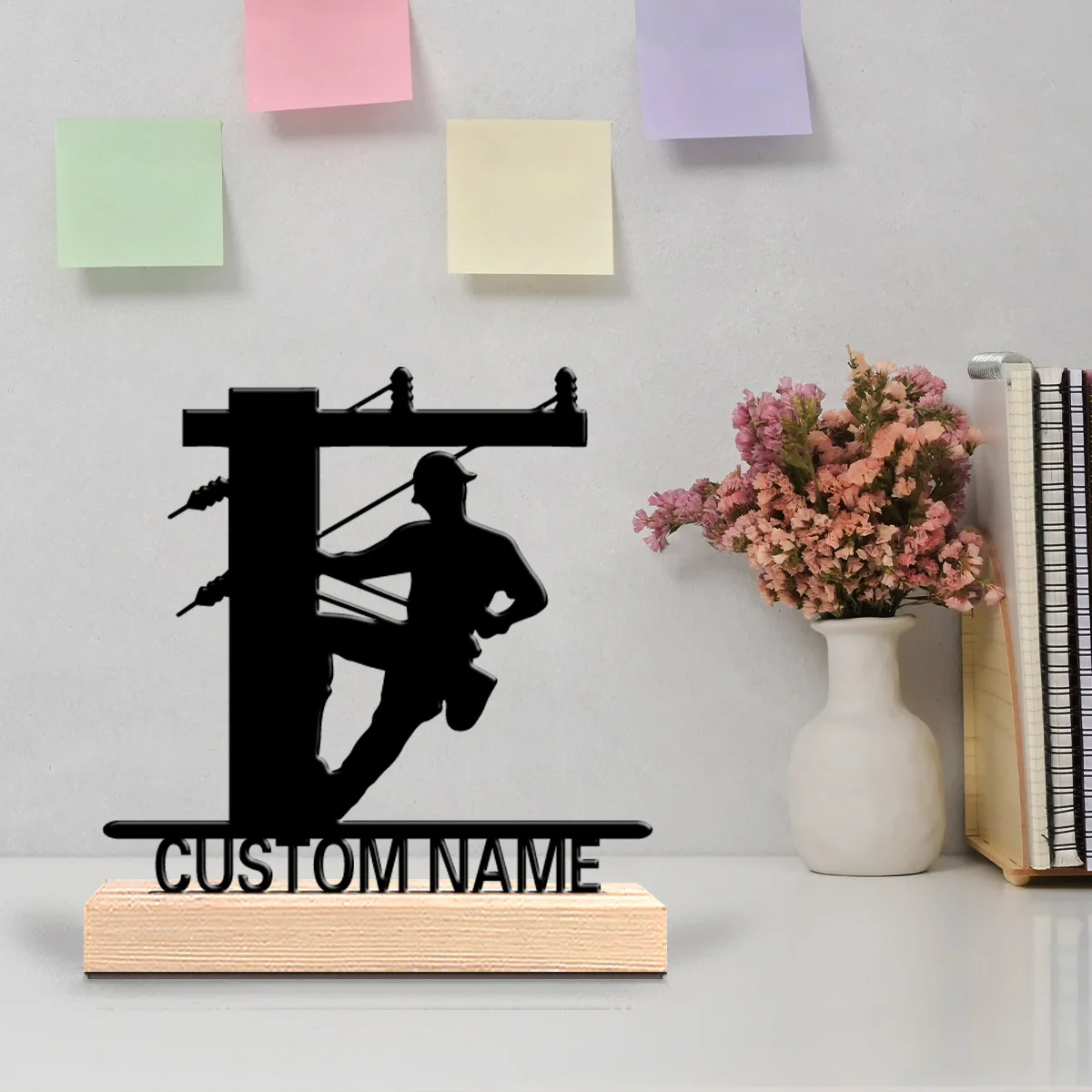 1pc Simple Fishing Customized Name Metal Statue With Wood Base Iron Ornament Metal Sculpture Art Crafts With Wood Base