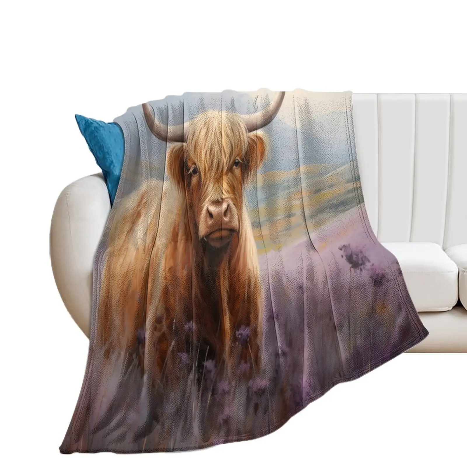 

Scottish Highland Cow in Heather Throw Blanket decorative warm winter Blankets