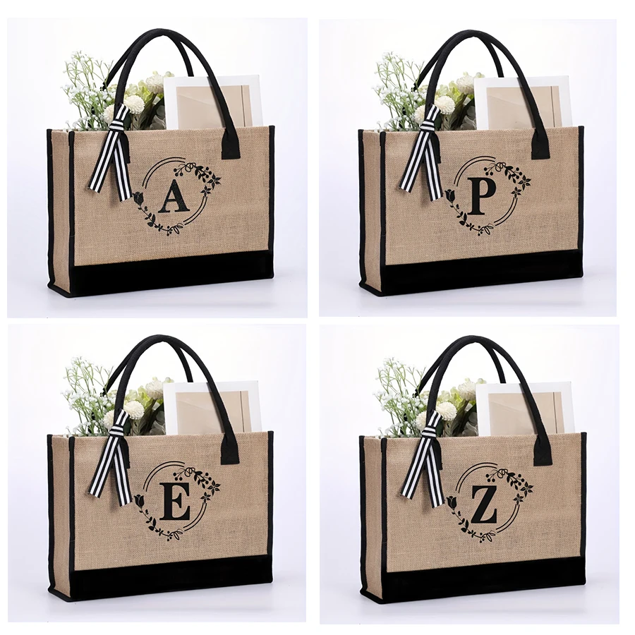 حقيبة يد رجالية من الكتان بكتف واحد مطبوعة بأبجدية مخصصة، حقيبة يد ذات سعة كبيرة، حقيبة يد بمقبض مفتوح