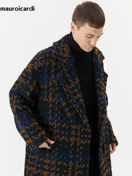 Men's Long Plaid Wool Double-Breasted Coat 4 Mauroicardi Autumn Winter Long Loose Stylish Cool Thick Warm Plaid Tweed Woolen Coat Men Double Breasted European Fashion 2023 4