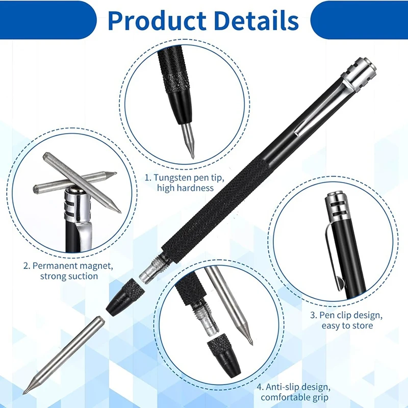 2 PCS Tungsten Carbide Scriber With Magnet With 12 Replacement Marking Tip, With Clip For Glass/Ceramics/Metal Sheet