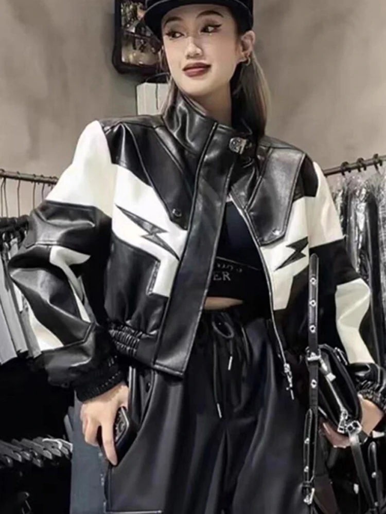 Women Zipper Embroidery Fashion Motorcycle Short Coat Stand Collar Splicing and Contrasting Colors PU Leather Jacket
