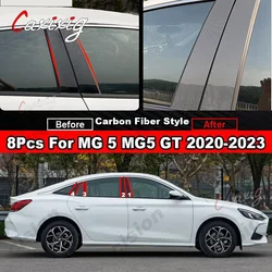 8Pcs Glossy Black Mirror Effect Window Door Column B C Pillars Post Cover Trim For MG 5 MG5 GT 2020-2023 Carbon Fiber PC Sticker