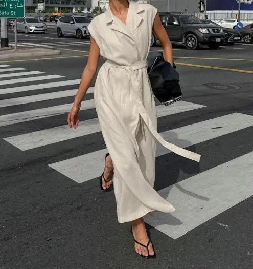 

Temperament Cotton Linen Suit Collar Belt Commuting Dress 2025 Spring/summer Fashion New Long Skirt