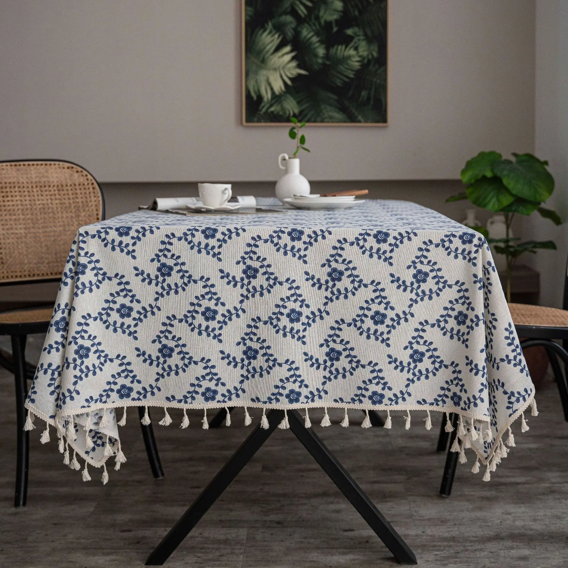 

P0119 retro blue and white porcelain cotton linen ins rectangular dining table tablecloth tassel table cushion tea table t