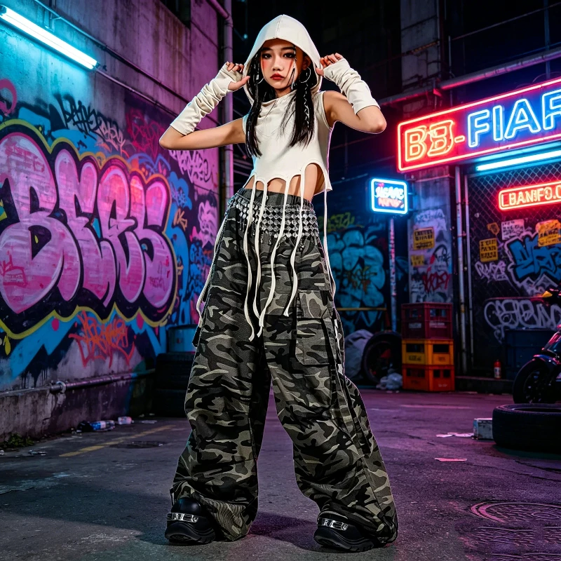 

Mädchen Modern Dance Clothes Jazz Dancer Lace up Crop Hoodie Camouflage Pants Party Suit Hip Hop Group Stage Performance Costume