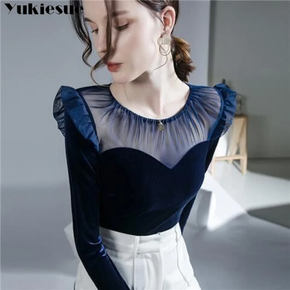 Spring New Women Fashion Harajuku Leisure Patched Mesh Crew Collar Velvet Stretch Elegant T Shirts Lady Ruffles Long Sleeve Tops