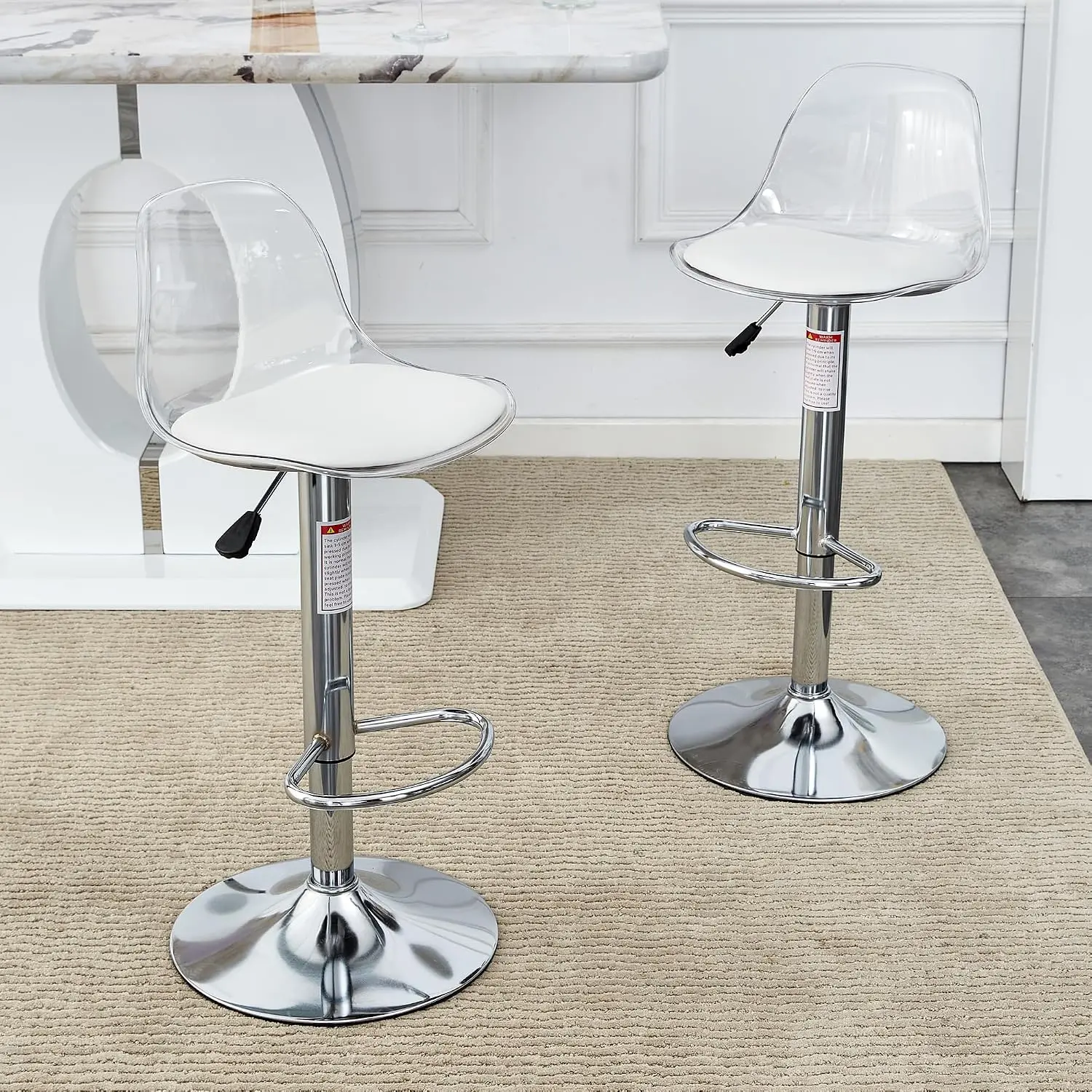 Acrylic Bar Stools Set of 4, Armless Adjustable Swivel with Transparent Back, Counter Height for Kitchen Island Pub Bar, Silver,