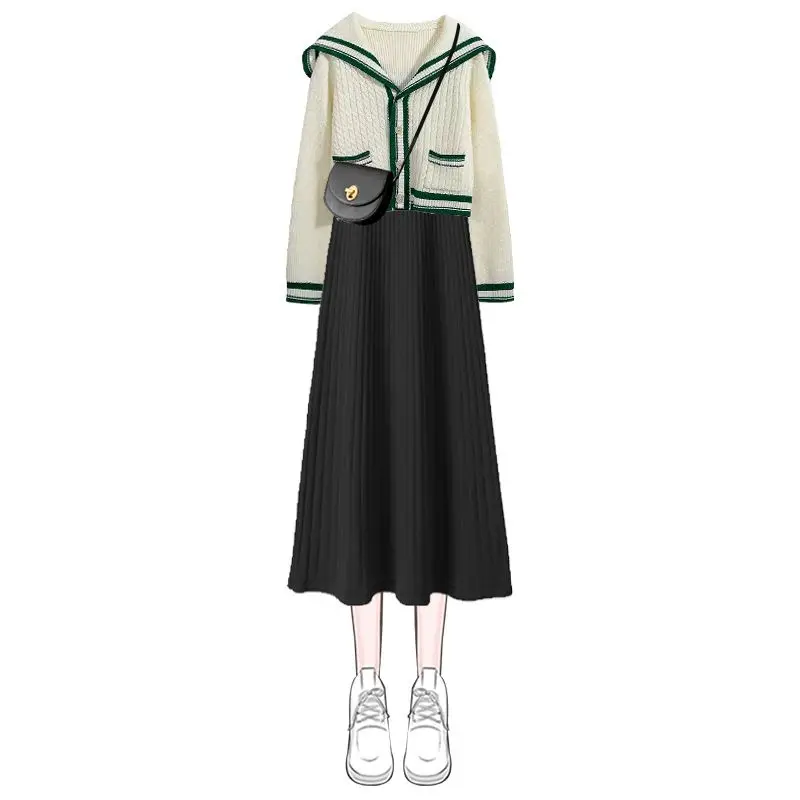 Black Knit Sling Bottom Dress 2023 Spring New Sweet and Spicy Navy Neck Sweater Skirt Two Piece Set