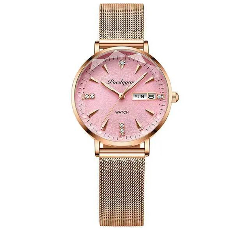 POEDAGAR Diamond Dial Womens Watch Fashion Rose Gold Steel Mesh Strap Ladies Watches Luxury Brand Waterproof Luminous Date Clock