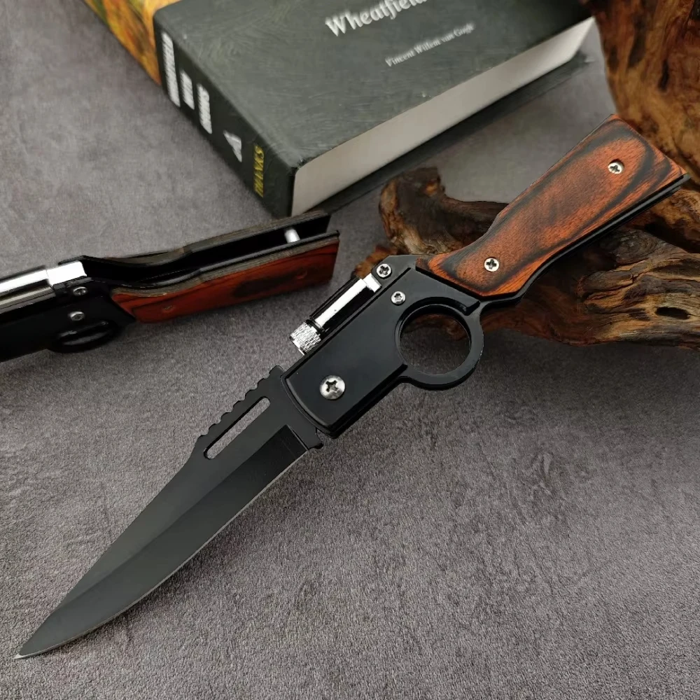 AK47 Folding Knife with LED Light 5C13Mov Blade Color Wood Handle Outdoor Portable Knife Survival Camping Climbing Hiking Tool