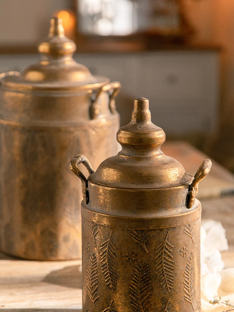 Vintage Feather Pattern Iron Storage Jar | Antique Gold Decorative Vessel | Handcrafted Lid Container | Boho Home Decor