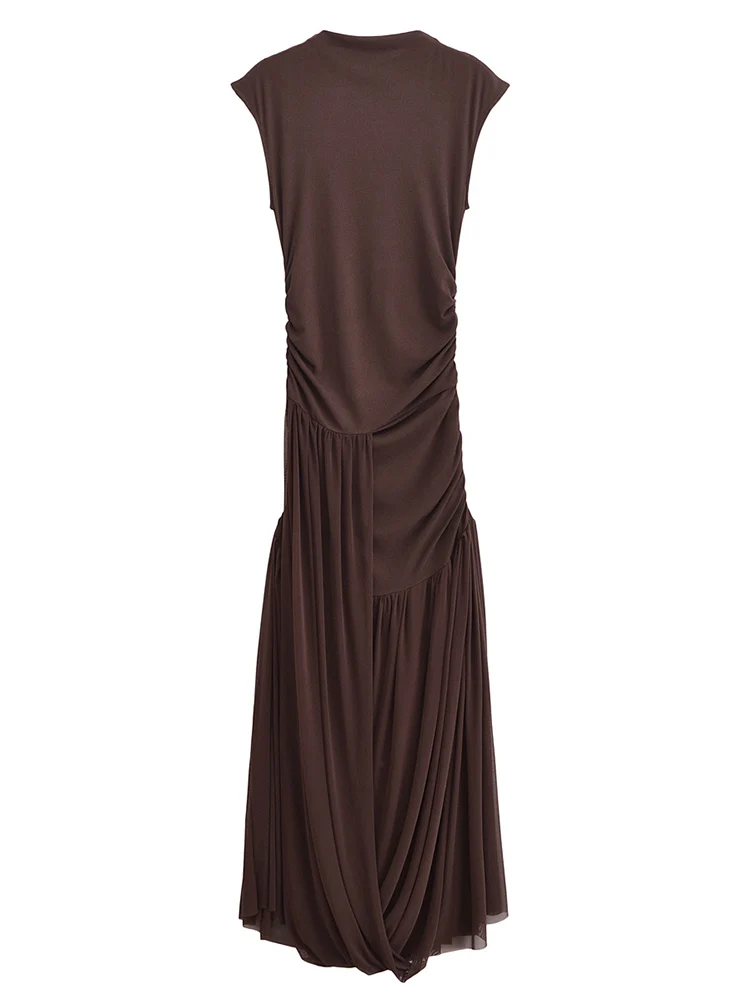 TFMLN 여름 여성 긴 드레스 민소매 메쉬 패치 워크 미디 드레스 여성 라운드 넥 민소매 탱크 캐주얼 드레스 슬림 파티