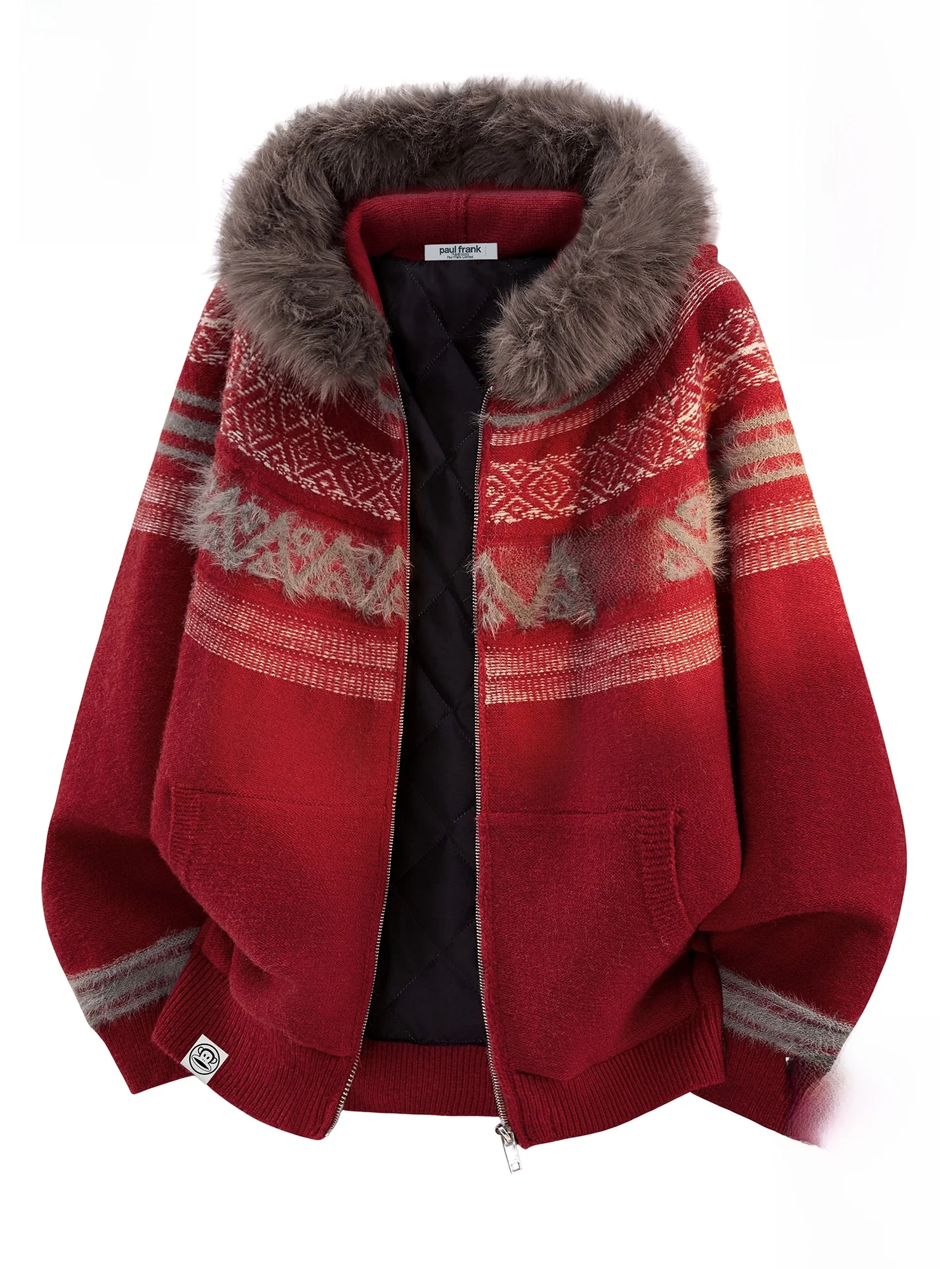 

Мужская вязаная хлопковая толстовка Paul Frank с капюшоном, теплая, повседневная, зимняя, модная, с животным принтом, красного цвета, для осени