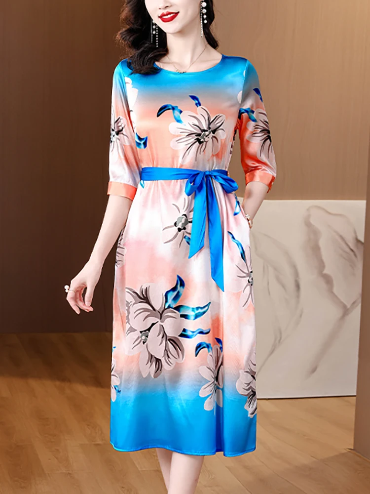 2024 Floral Silk New Features of Dress Summer Elegant Casual Beach Long Dress Women Korean Fashion Luxury Bandage Evening Dress