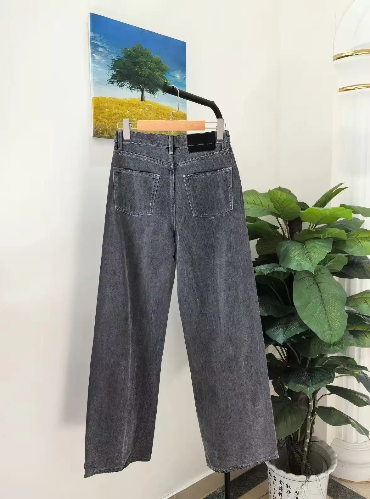 Women Vintage Washed Gray Wide Leg Jeans High Waist Loose Denim Pants Cross Stitch Detail Casual Streetwear Trousers