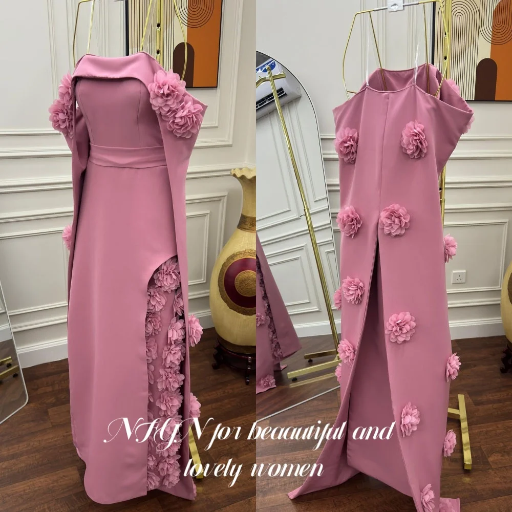 

NFYN Pink Stain Prom Dresses Pleats Off the Shoulder vestidos de noche Mermaid Flowers Evening Dress Gown with Split Customized