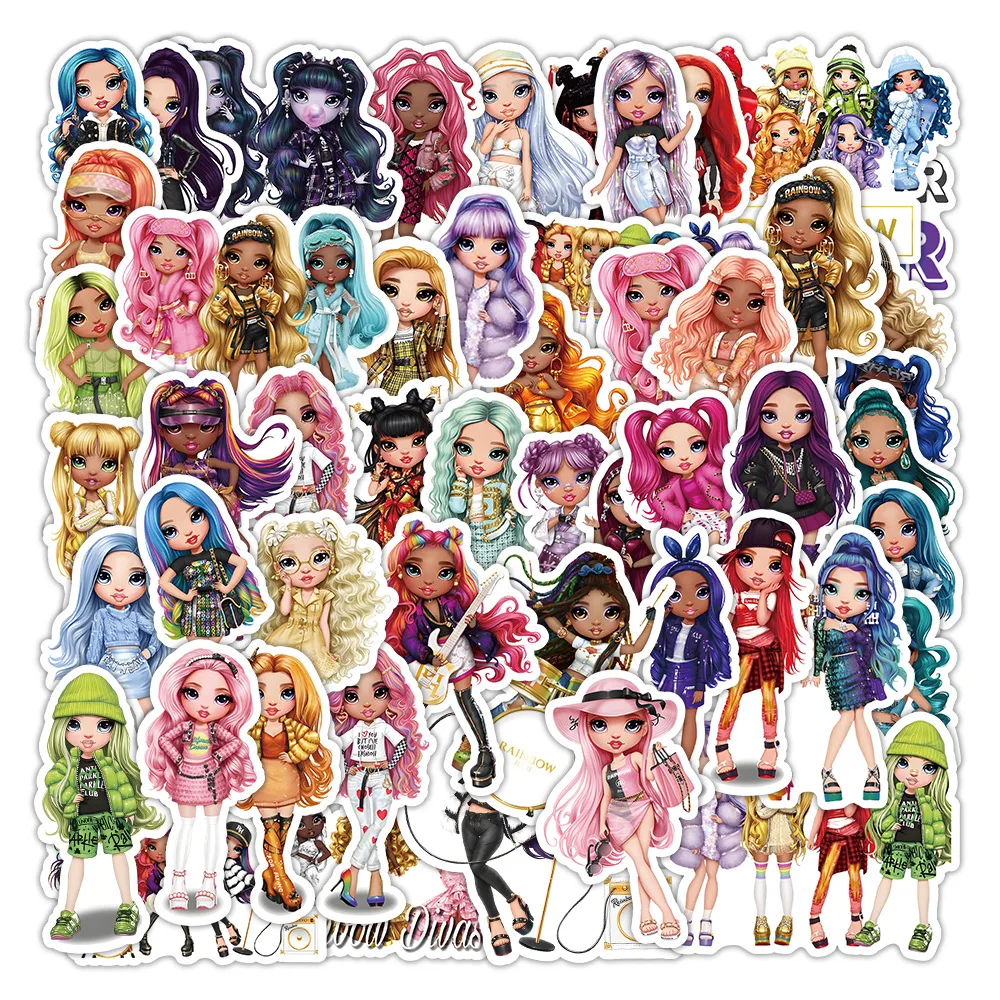 50Pcs Rainbow Princess Doll Graffiti Stickers Mobile Phone Motorcycle Suitcase DIY Decorative Waterproof Stickers  For Kids Toy