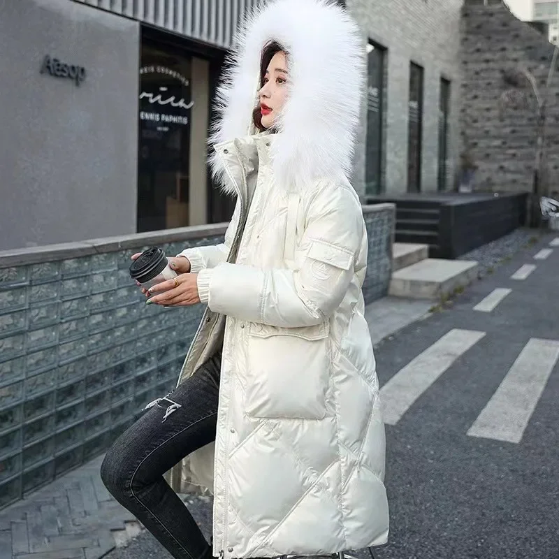 

2025 Winter Glossy Hooded Big Fur Collar Medium Long Styles Parkas Thickening Warm Jacket Women Casual Big Pockets Coat Female