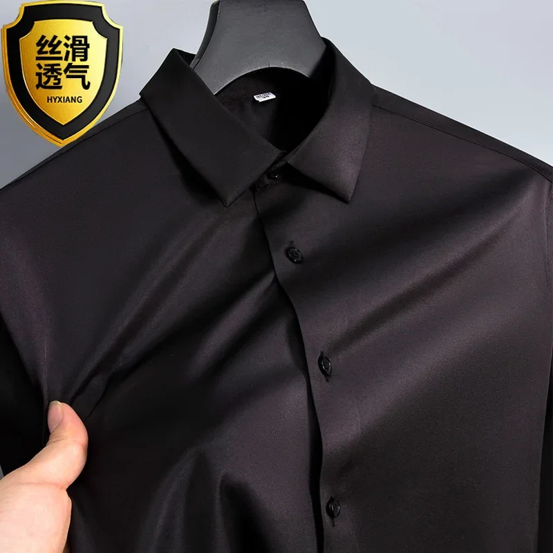 Sommerhemd, weißes, glänzendes, bügelfreies Herrenhemd, knitterfreies Herren-Businesshemd aus Eisseide, lässiges, hochwertiges, nahtloses Business-Hemd – Detail 18