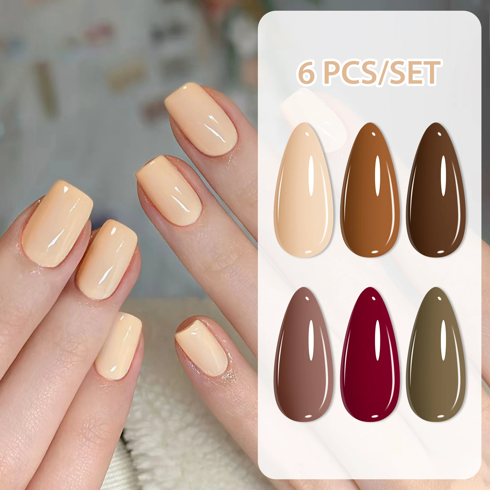 Zestaw 6 szt. lakierów hybrydowych do paznokci w kolorze kawowo-czerwonym, bez HEMA i TPO, półtrwałe, usuwalne, utwardzane UV, do manicure.