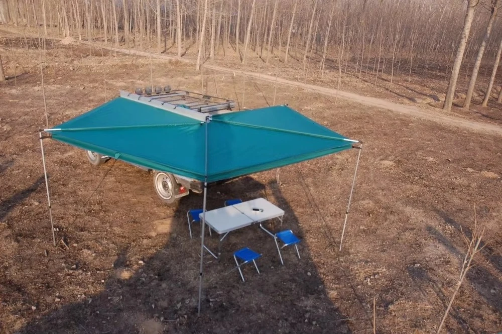 Outdoor Car Sun Shade Rectangle Awning with 300D Oxford,280G Polycotton SUV Roof Top Tent with Awning for 3-4 People