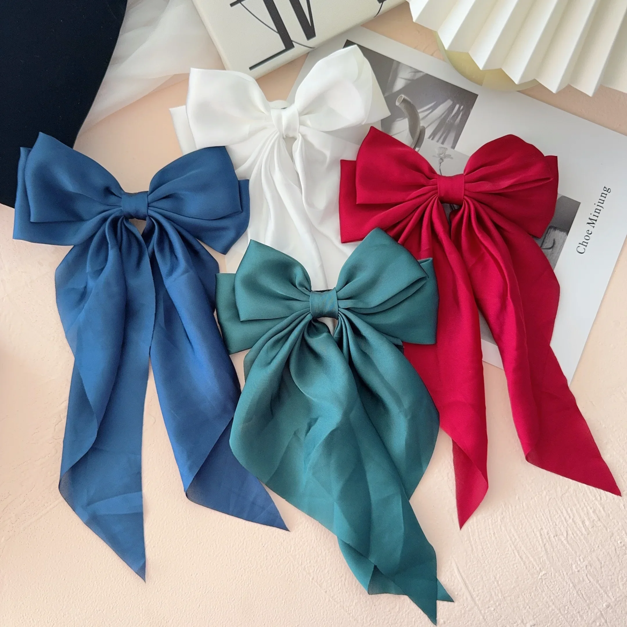

6Styles Длинные атласные заколки с большим бантом для девочек Заколка для волос на затылке Интернет-красный с тем же темпераментом Элегантные аксессуары для волос
