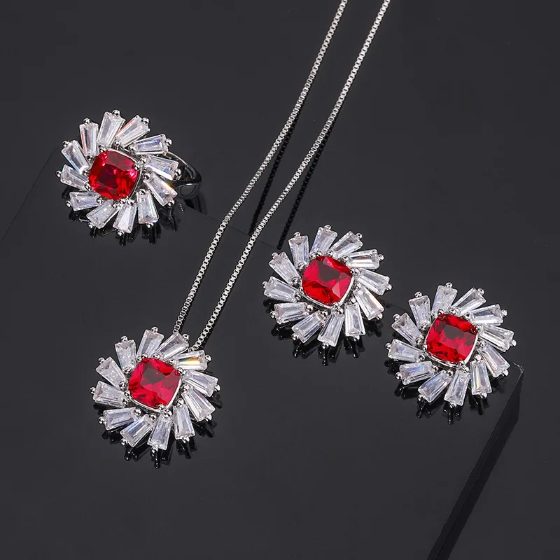 

Ruby Ring for Women, European and American Style, Pure Silver Needle S925 Stud Earrings, Fashion Flower Necklace