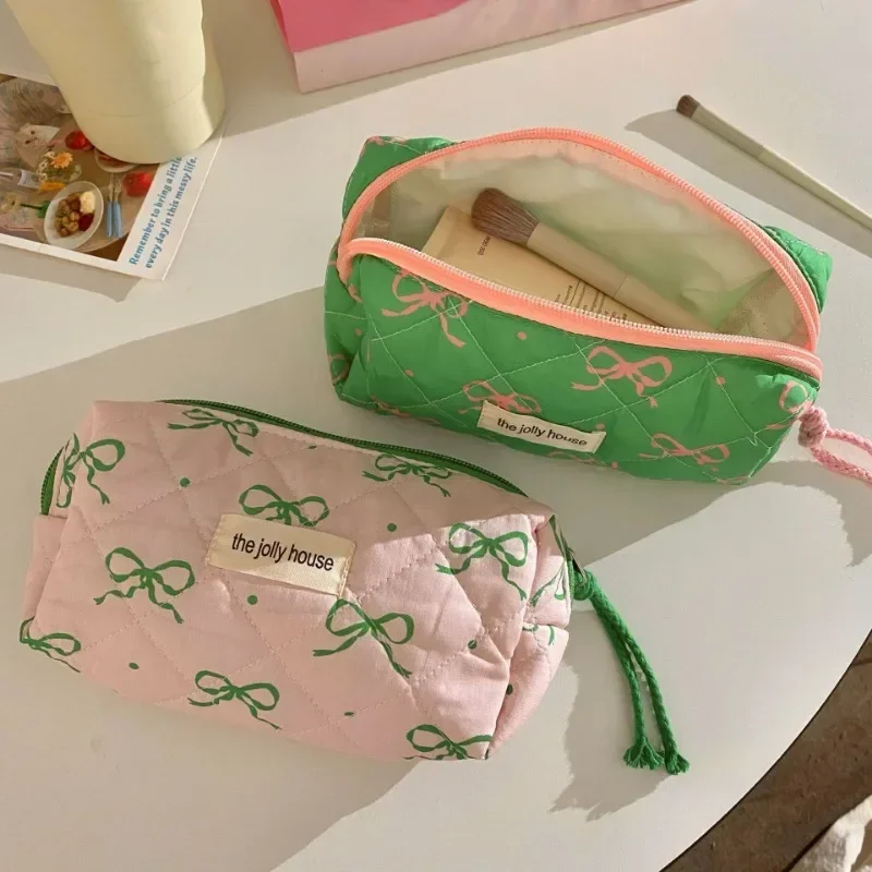 1PCS Green Pink Contrast Bow Cosmetic Bag Small Large Capacity Travel Wash Storage Makeup Bag Portable Student Brush Pencil case