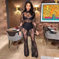 DSMTRC Long Sleeve One Pieces Wide Leg Jumpsuit Women Summer Clothes Fashion Black Lace Perspective Sexy Night Club Outfits