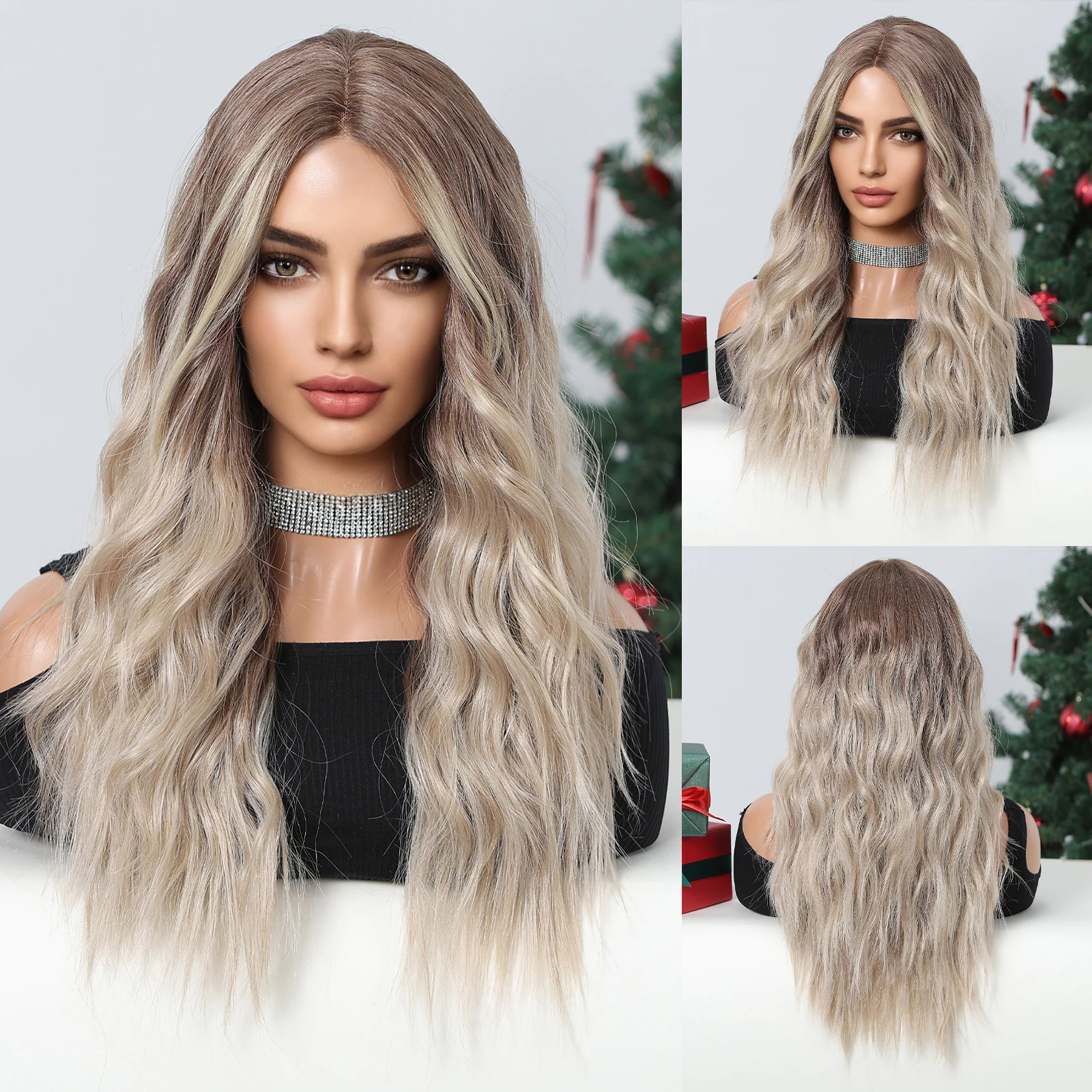 Kant Voorkant Synthetische Pruiken 13x1lace Pruik Lange Watergolf Zwart Grijs Blond Ombre Pruik Transparant Kant Pruik Voor Vrouwen Kerst Gebruik