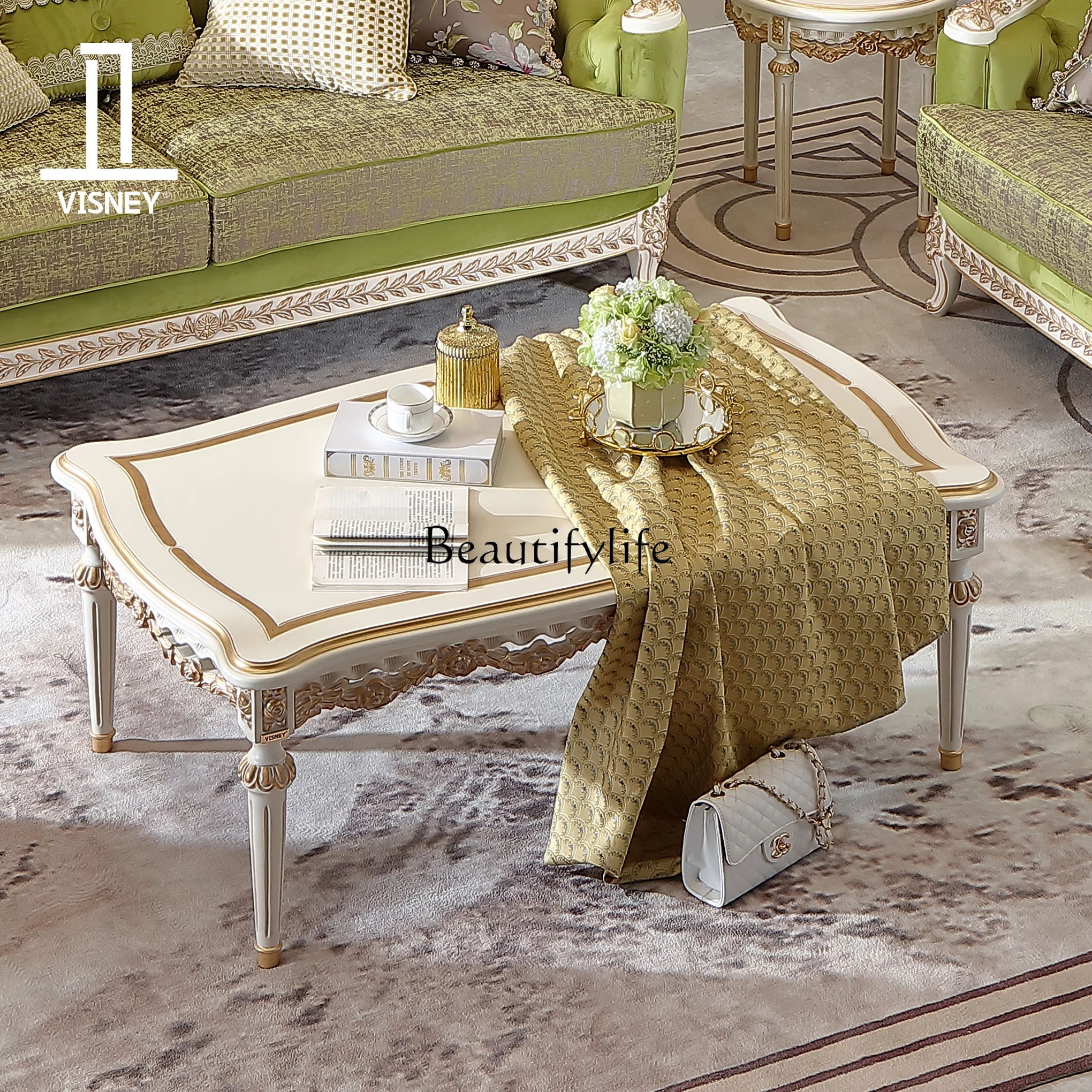 03.Luxury French retro high-end furniture European villa living room solid wood coffee table