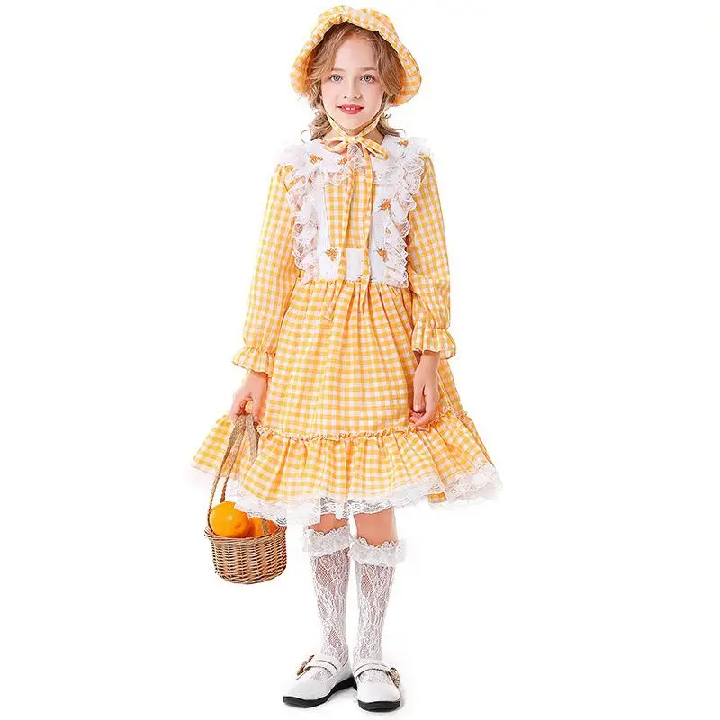 Halloween Children Cute Maid Cosplay Costume Holiday Party Beer Festival Yellow Checked Floral Dress Set Sweet Stage Clothing