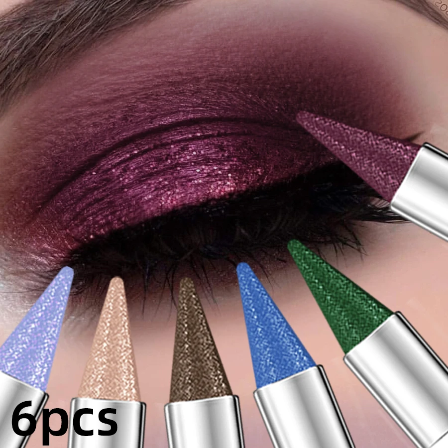 6pcs Metallic Brown Blue  Waterproof Eyeshadow Pen Glitter Shiny Eye Shadow Stick Korean Makeup for Women Gifts Pear Eye Cosmetics Smoky Black