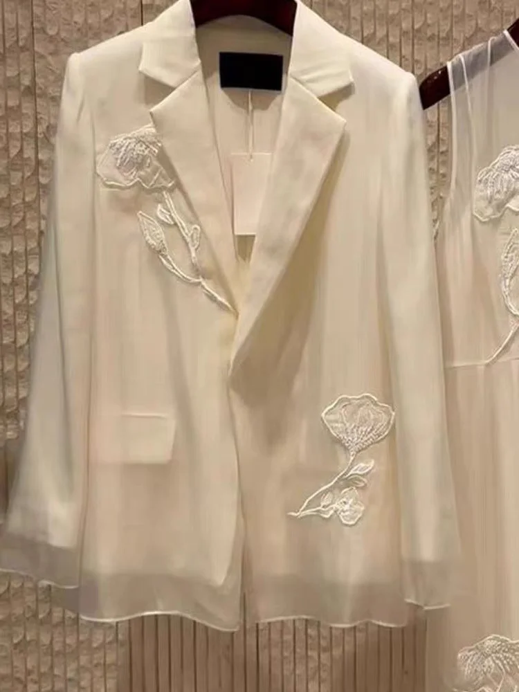 Chic White Flowers Embroidery Mesh Spliced Suit Jacket Gauze Patchwork Net Yarn Blazers Coat Turn Down Collar OL Cardigan Tops