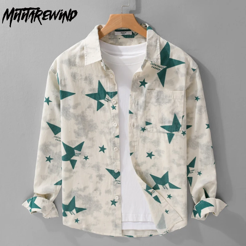 

Korean Fashion Star Printed Shirts Men and Women Streetwear Unisex Tops Casual Pure Cotton Long Sleeve Shirt Couple New in Shirt