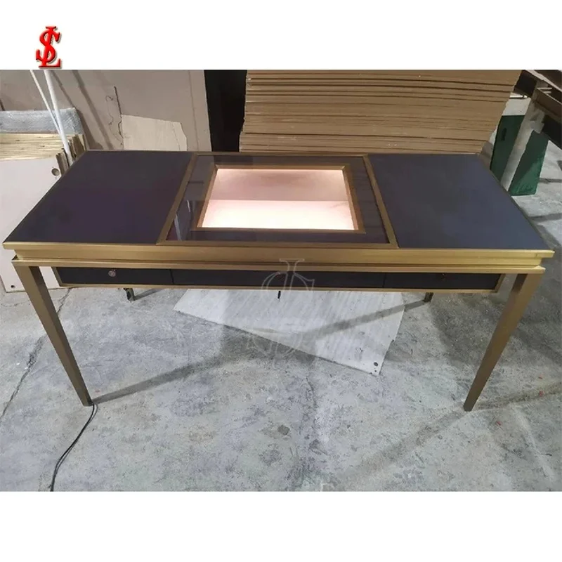 custom.Custom-made Jewelry Display Counter Antique Stand Floor-mounted Tempered Glass Tabletop Display Cabinet LED Lighting