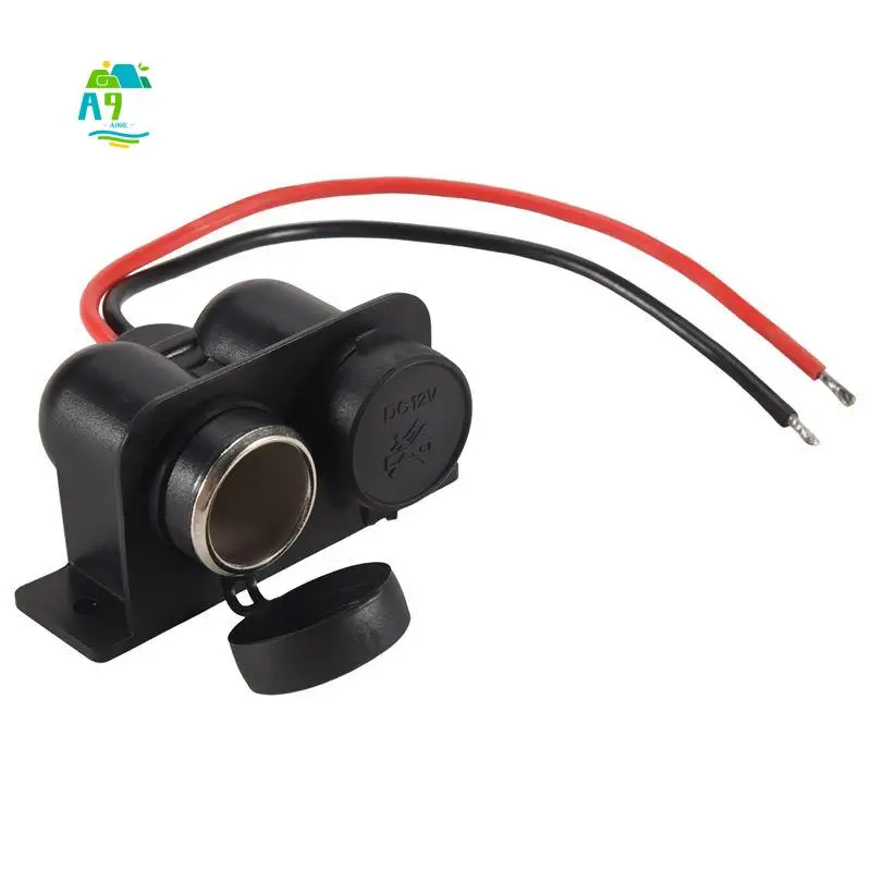 A09E-Cigarette Lighter Socket 12V Waterproof Dual Power Plug Outlet With Wire For Car Motorcycle Scooter Boat ATV Rv