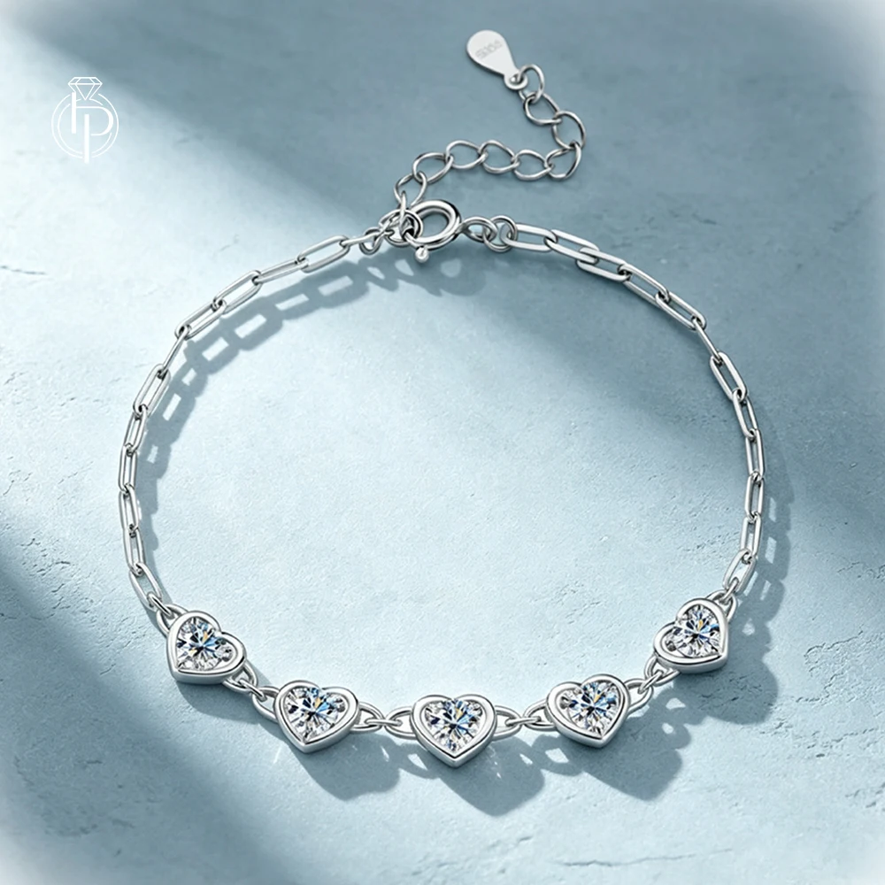 HORRIPAL 1.5CT 4mm Heart Cut Moissanite Bracelet For Woman Korean Adjustable S925 Sparkling Hand Chain Luxury Party Jewelry