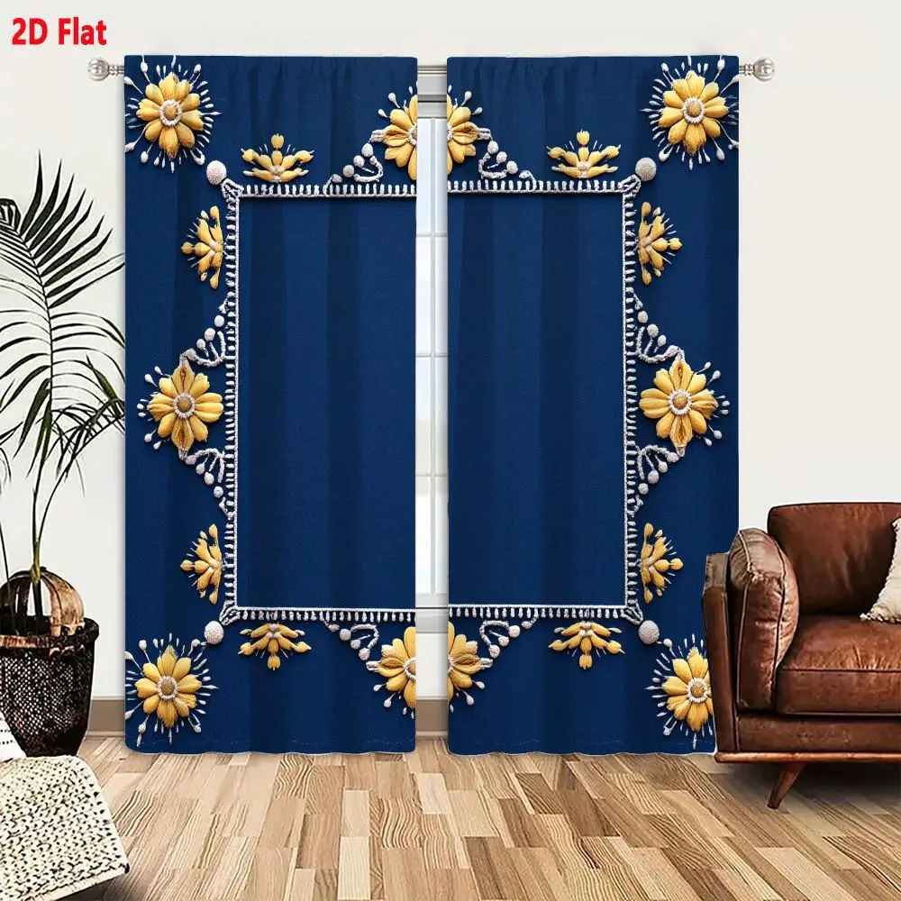 2Pcs Curtains Add 2D Flat Decorative Ornate Frame With Golden Yellow Flower Motifs And Silver Filigree On Dark Blue Background W