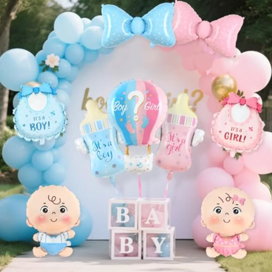 性別発表デコレーションセットには、男の子または女の子のベビーシャワー用ホイルバルーンが含まれています。男の子または女の子のベビーシャワーパーティーデコレーション用9個入りです。