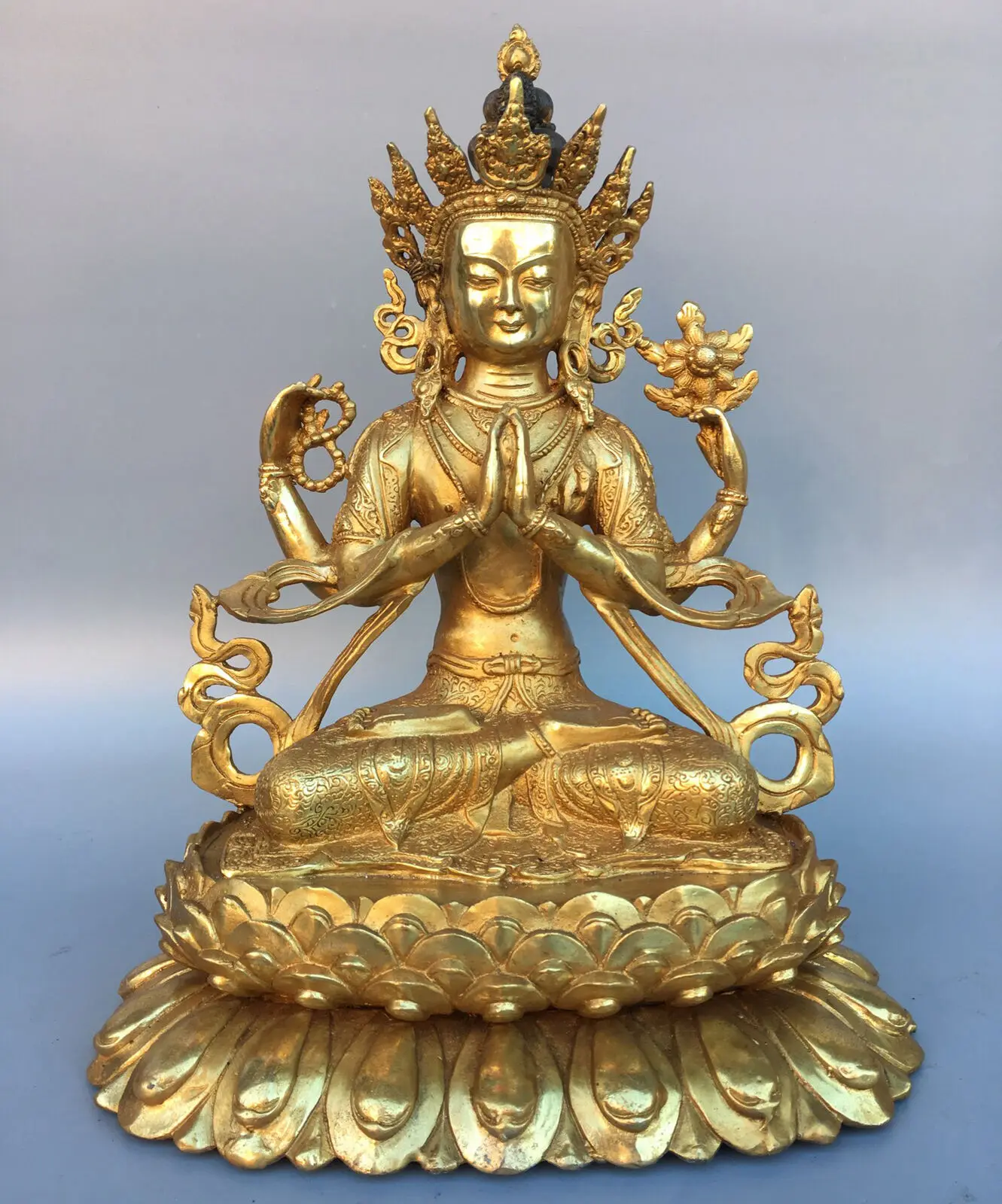 12inch Old Buddhism Bronze gilt 4 Arms Chenrezig Kwan-yin Guanyin Buddha Statue