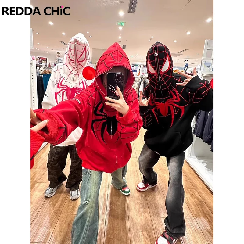 REDDACHiC Sudadera con capucha para hombre con diseño de telaraña, estilo hip hop, con estampado animal, manga larga, informal, con cremallera, estilo streetwear moderno