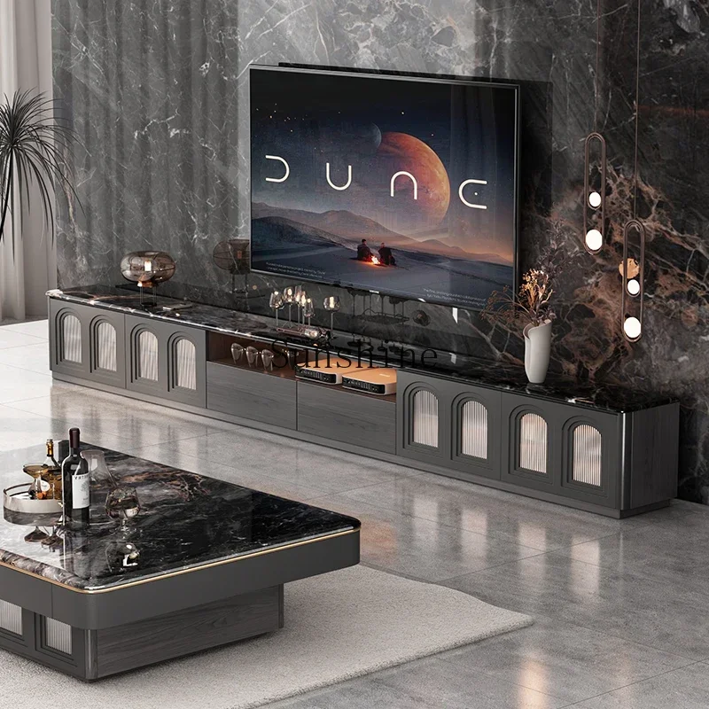 

Living room household French natural luxury stone TV cabinet marble light luxury floor FT