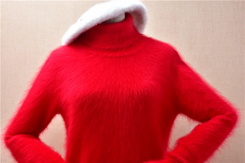 Ladies Women Fall Winter Red Hairy Mink Cashmere Knitted Turtleneck Long Sleeves Slim Blouses Underwear Sweater Jumper Pull Tops