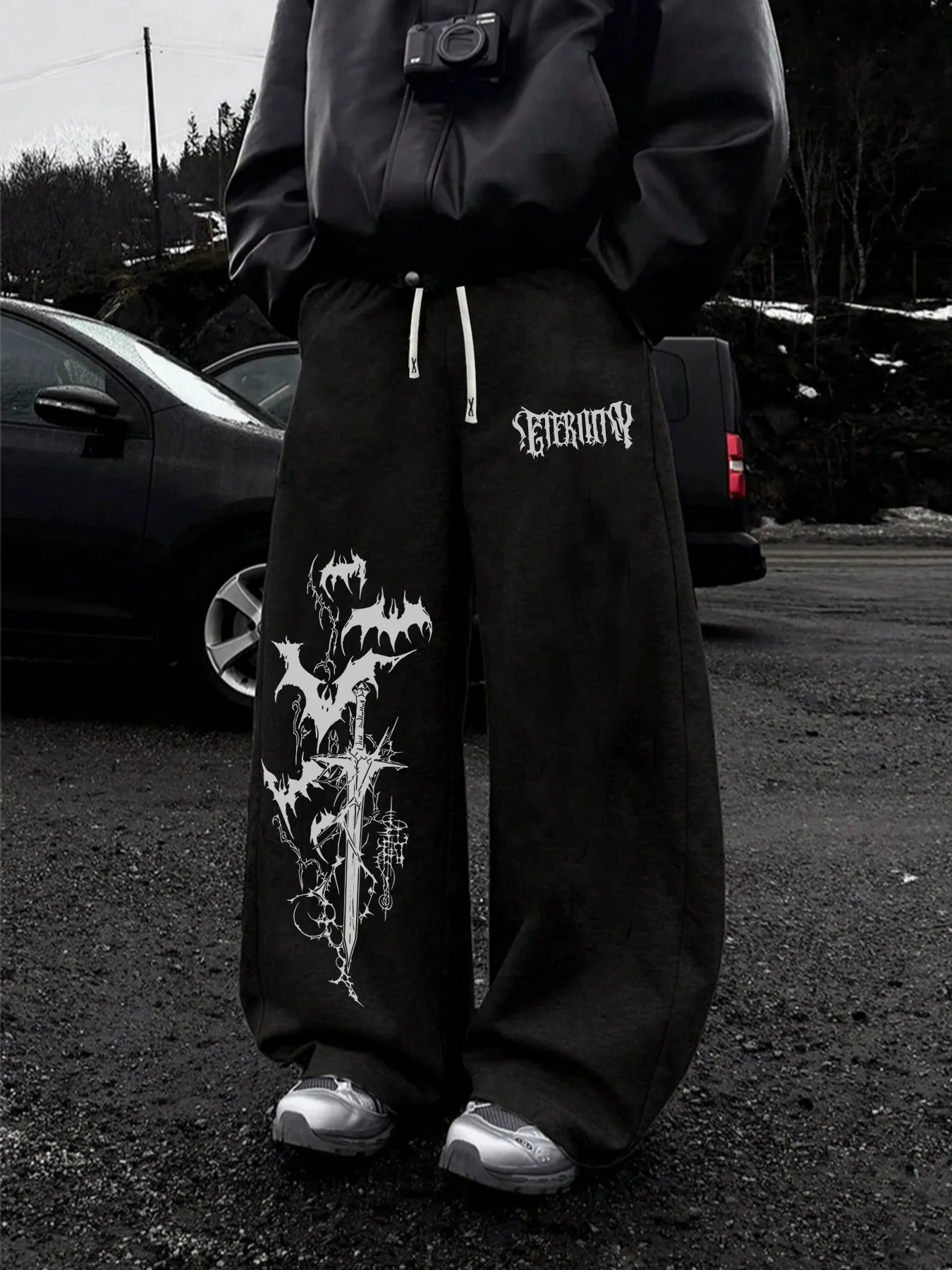 2026 New Men Baggy Wide Leg Sweatpants Gothic Bat Print Drawstring Elastic Waist Casual Joggers Streetwear Long Trousers