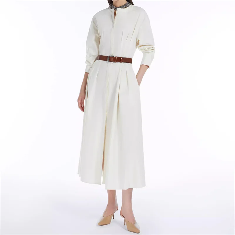 

Women's dress 2024 Autumn New Fashion Belt Slim Fit long dresses High quality pure cotton long sleeved Dresses y2k midi dresses