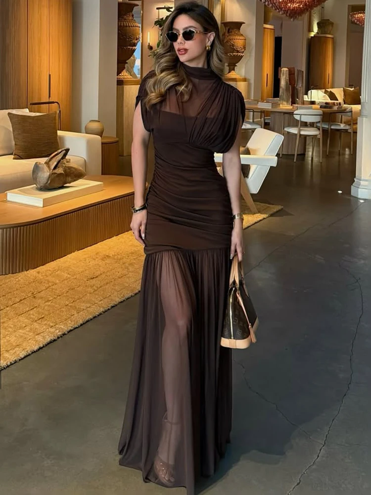 

Trendix Sexy Lace Hollow Out Long Dress Women Fashion High Waist Slim Sleeveless Dress Party Club Pleated Elegant Evening Dress