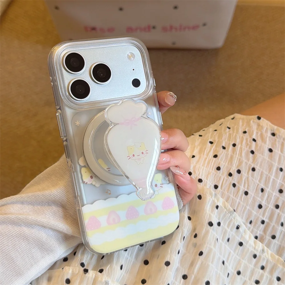 

Korean Cute Strawberry Cartoon Cat Clear Phone Case for iPhone 16 15 14 13 16 Pro Max 17 Pro Cover with Magsafe Bracket Funda